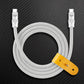 Coiled white braided Type-C to Type-C charger cable with yellow leather tie.