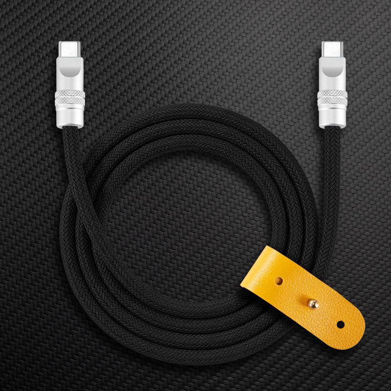 Coiled black braided Type-C to Type-C durable cable with yellow leather strap.