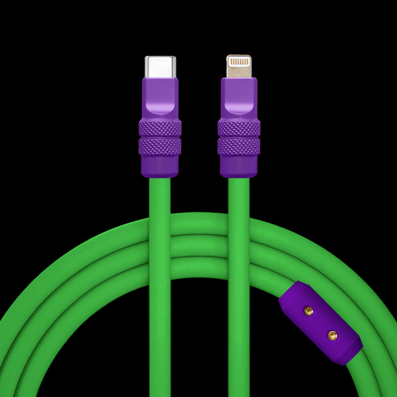 Purple and green USB-C to Lightning silicone charger cord