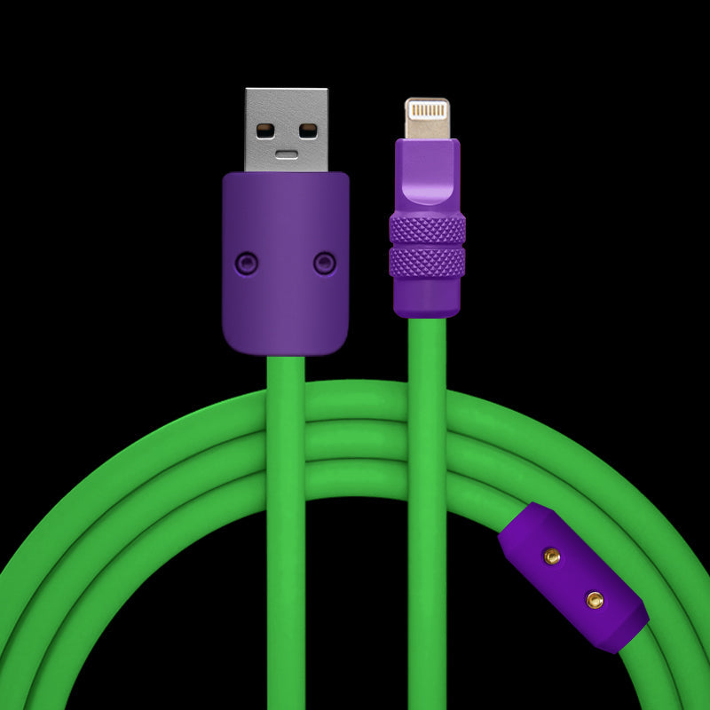 Purple and green USB to Lightning silicone charging cable