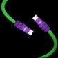 Close-up of purple USB-C connectors on a green silicone cable