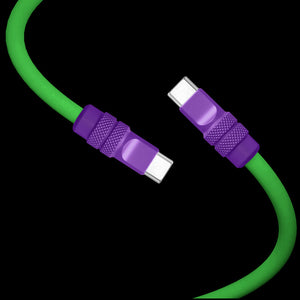 Close-up of purple USB-C connectors on a green silicone cable