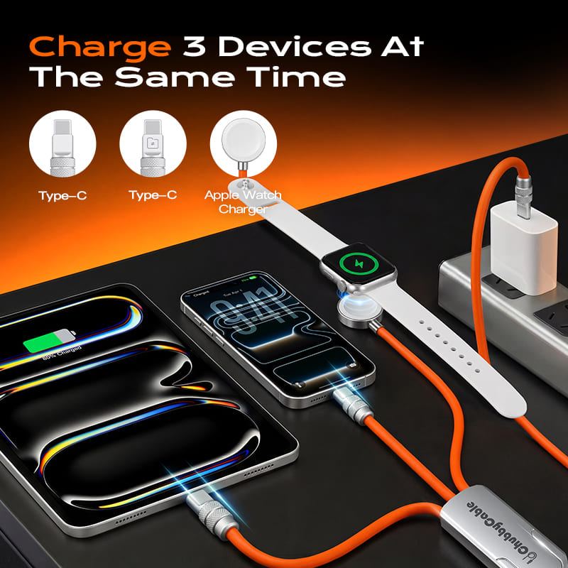 ChubbyCable Tri-Flex™ 100W 3-in-1 Fast Charging Cable with Soft Silicone & Apple Watch Charger