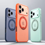 Trio of colorful frosted iPhone cases with built-in magnetic ring stands.