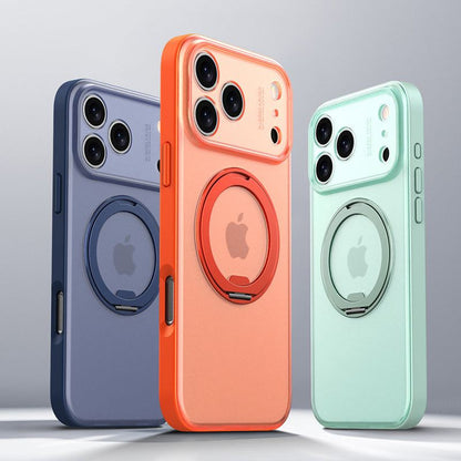 Trio of colorful frosted iPhone cases with built-in magnetic ring stands.