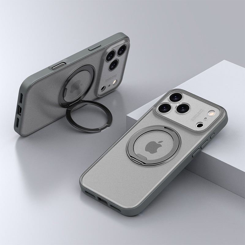 Sleek gray iPhone case with 360-degree rotatable ring kickstand.