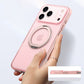 User holding a frosted pink iPhone case with built-in ring kickstand.