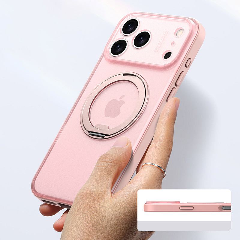 User holding a frosted pink iPhone case with built-in ring kickstand.