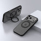 Matte black rugged iPhone case featuring a functional magnetic ring stand.