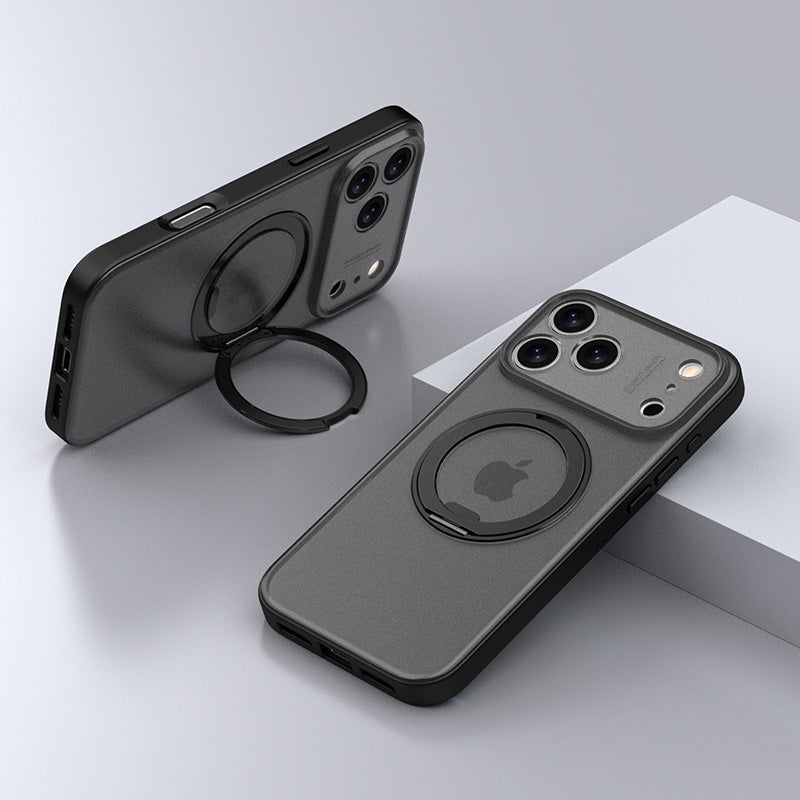 Matte black rugged iPhone case featuring a functional magnetic ring stand.