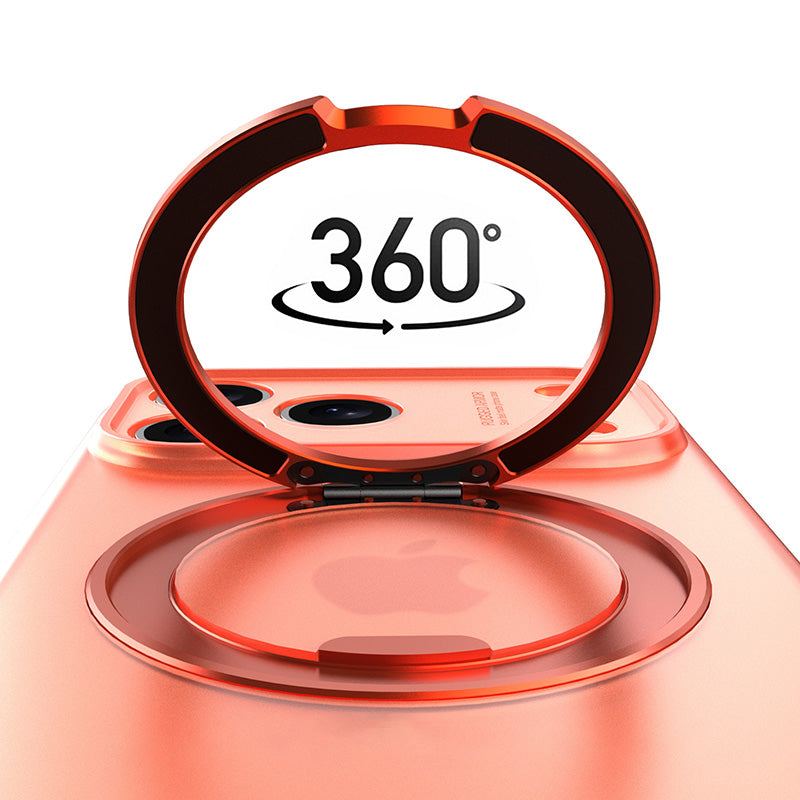 Close-up of 360-degree rotatable metal ring stand on iPhone case.
