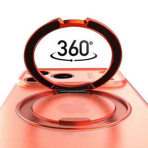 Close-up of 360-degree rotatable metal ring stand on iPhone case.