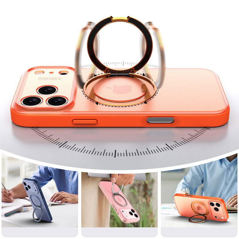 Magnetic ring stand on iPhone case demonstrating 360-degree rotation and usage scenarios.