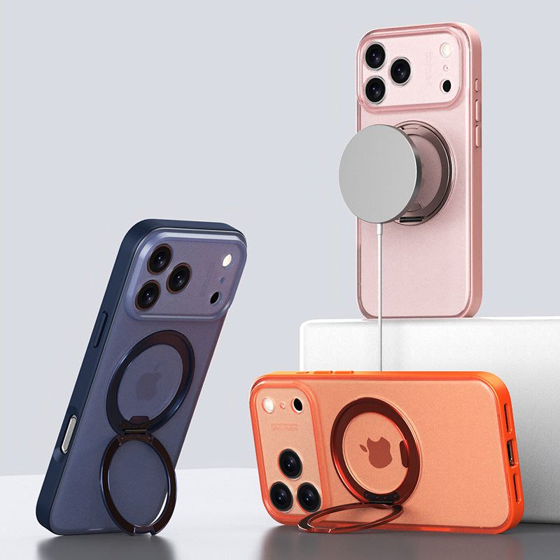 iPhone cases with magnetic ring stand and wireless charging accessory.
