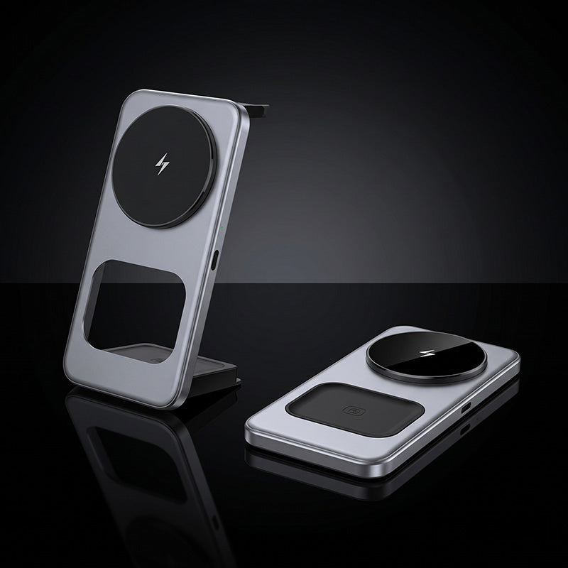Versatile 3-in-1 foldable wireless charging stand in open and closed positions