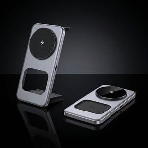 Versatile 3-in-1 foldable wireless charging stand in open and closed positions