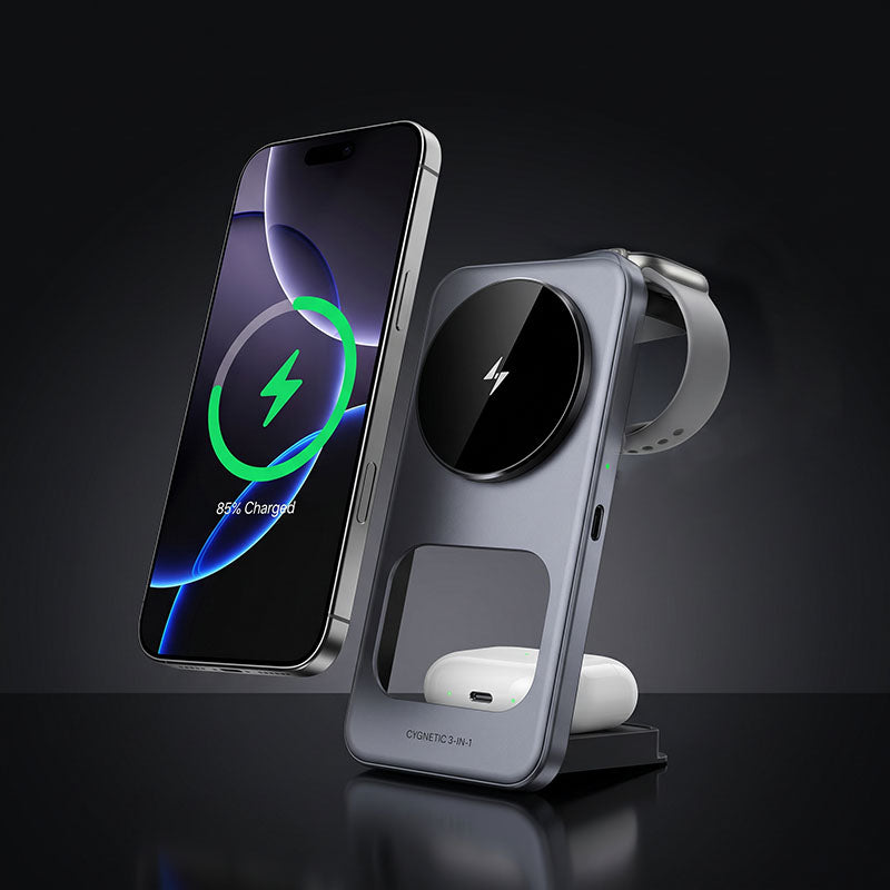 3-in-1 wireless charger simultaneously powering smartphone, smartwatch, and earbuds