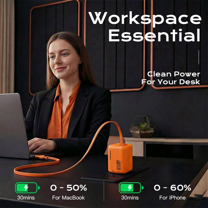 Woman working on a laptop using a 65W ChubbyCable retractable charger.
