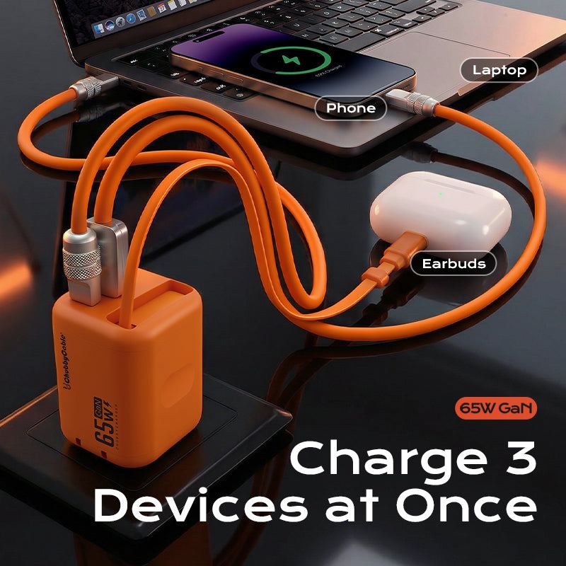 65W GaN charger simultaneously powering a laptop, phone, and earbuds.