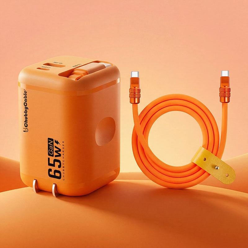 65W GaN orange charger with a matching retractable USB-C cable.