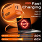 65W GaN orange charger fast-charging a laptop and iPhone.