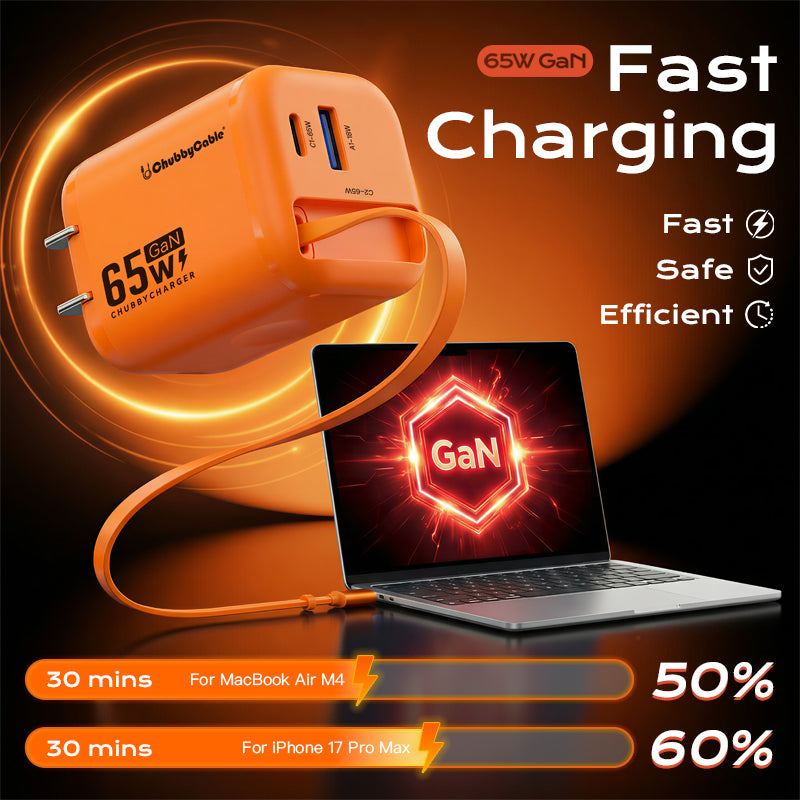 65W GaN orange charger fast-charging a laptop and iPhone.