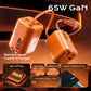 Infographic showing 65W GaN charger features: retractable cable, foldable plug, and 3-device charging.