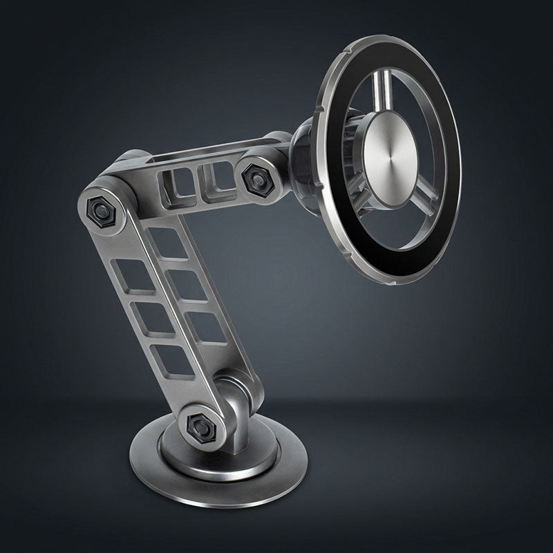 Brushed metal mechanical phone mount with articulated joints.