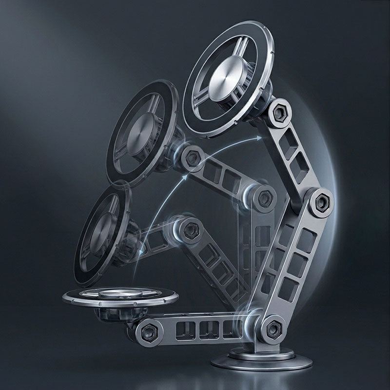 Mechanical articulated arm phone mount demonstrating adjustable height and angles.