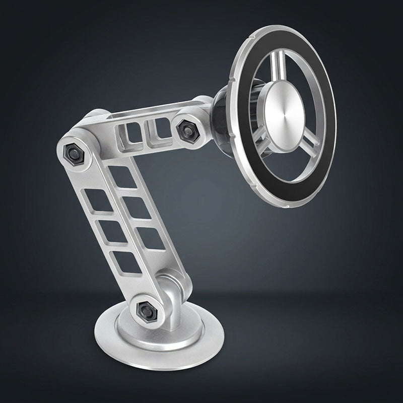 Side view of an adjustable, high-durability magnetic phone stand.