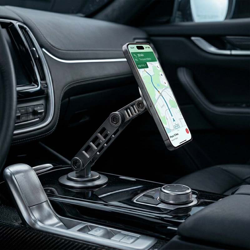 Smartphone mounted on a car dashboard using a multi-joint magnetic stand.