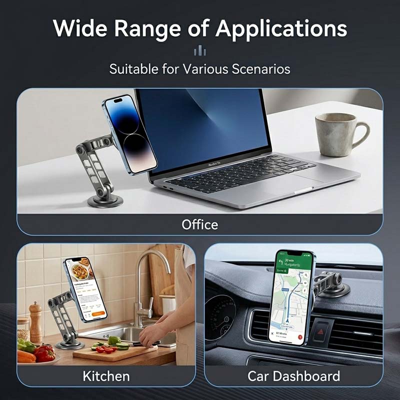 Versatile magnetic phone holder used in office, kitchen, and car scenarios.