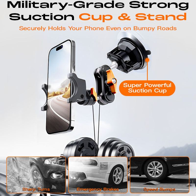 Heavy-duty suction cup phone mount holding a smartphone securely on bumpy roads.