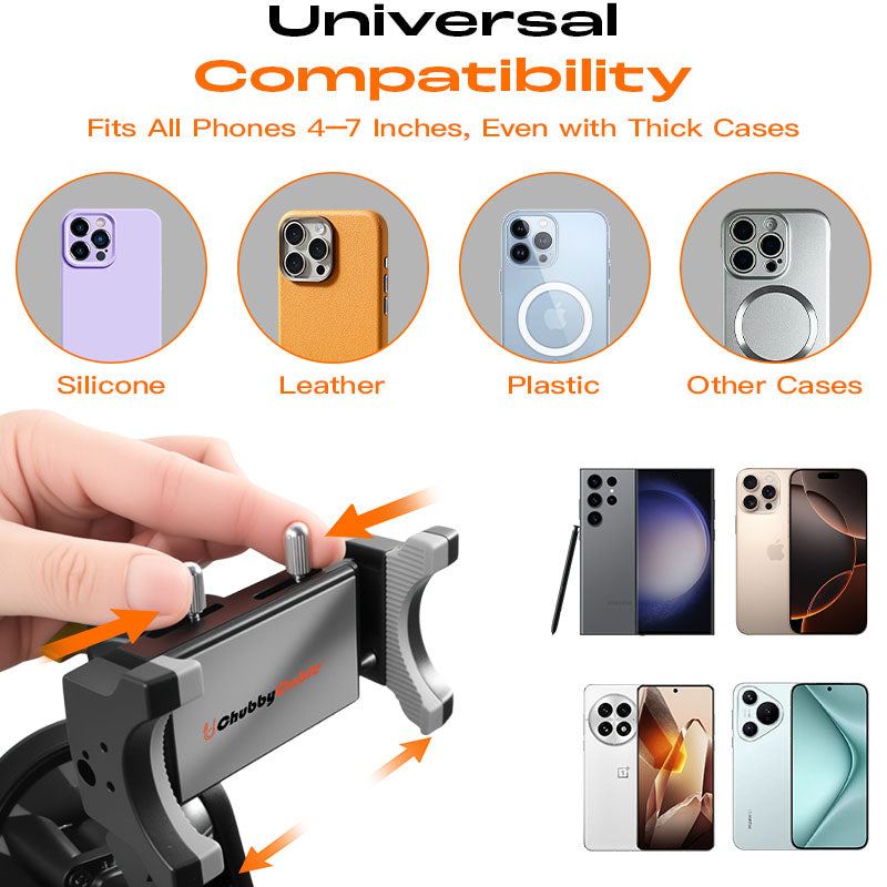 Universal phone mount compatible with 4-7 inch devices and thick phone cases.