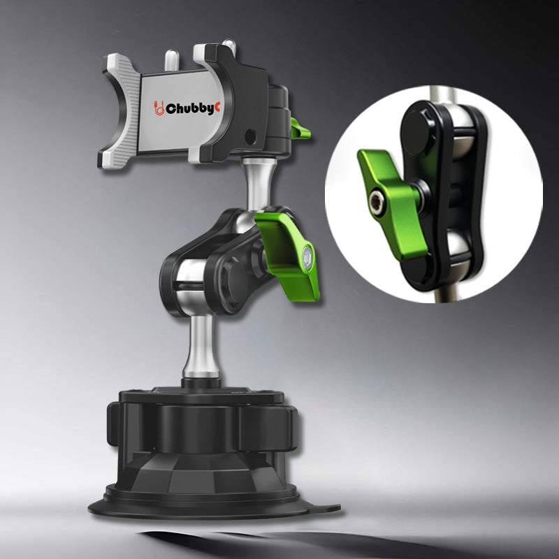 Professional phone mount with green locking arm and secure suction base.