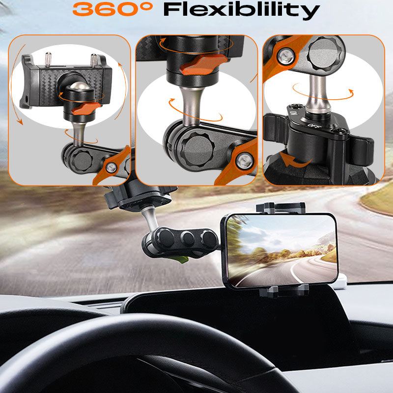 Phone mount showing 360-degree flexibility and adjustable rotation angles.