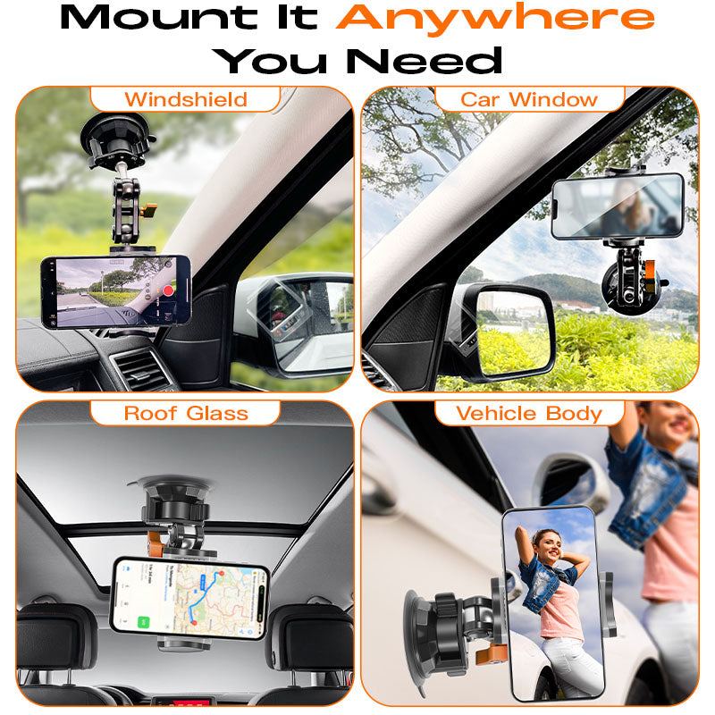 Phone mount attached to vehicle windshield, side window, roof glass, and body.