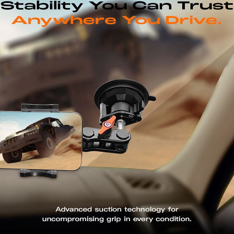 Robust suction cup phone mount providing stable grip inside a vehicle.