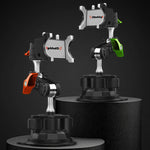 Two adjustable phone mounts with orange and green locking mechanisms.
