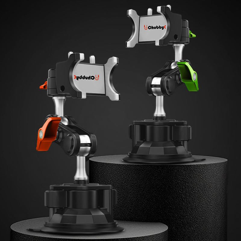 Two adjustable phone mounts with orange and green locking mechanisms.