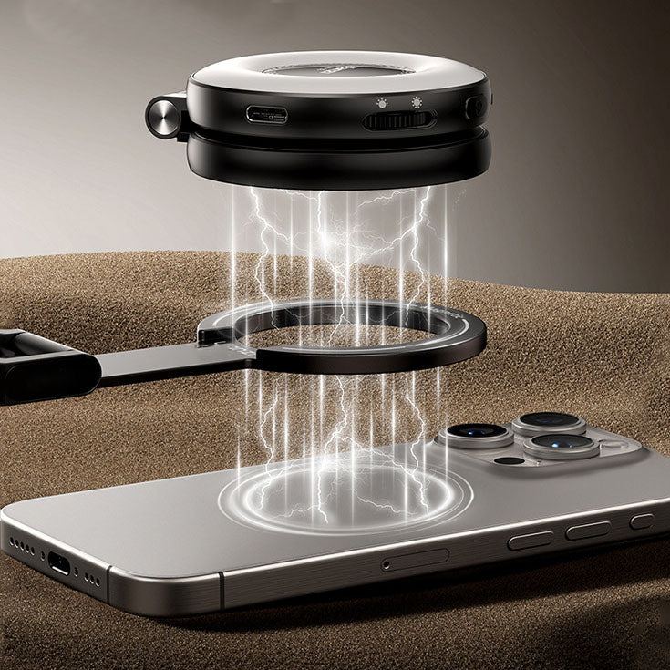 Magnetic phone tripod charging a smartphone