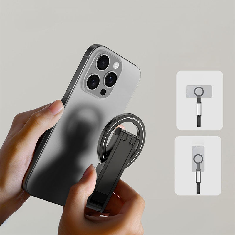 Hands attaching magnetic tripod to smartphone