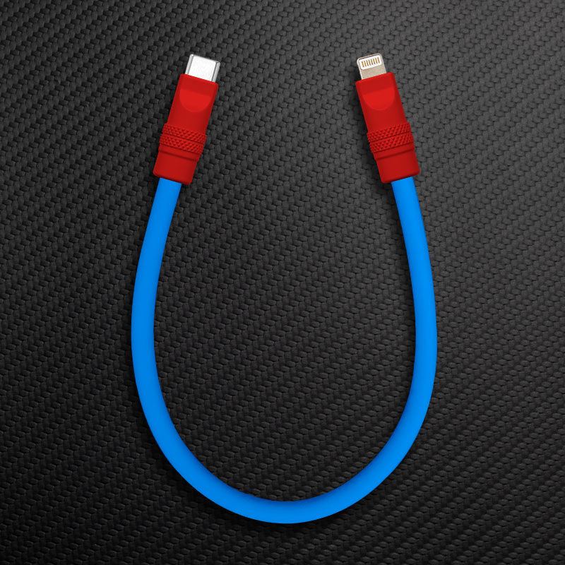 Short blue USB-C to Lightning cable with red connectors