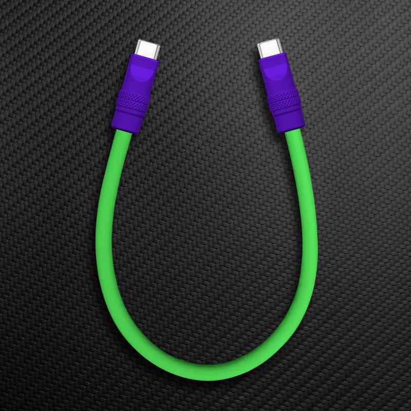 Short purple and neon green USB-C to USB-C cable