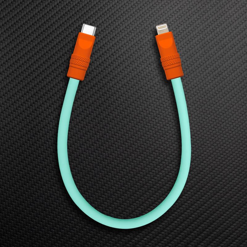 Short orange and mint green USB-C to Lightning cable
