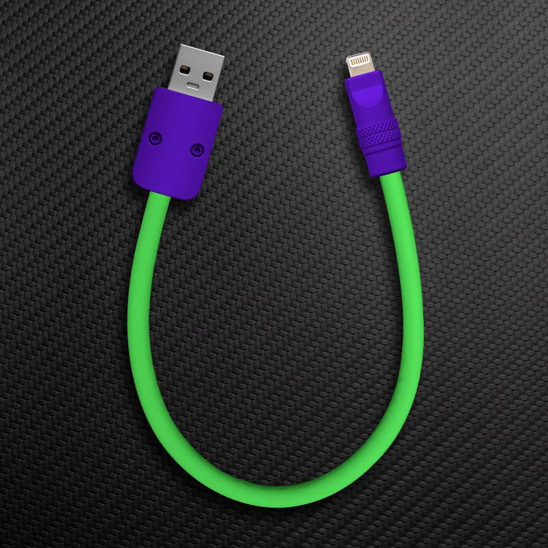 Short purple and neon green USB-A to Lightning cable