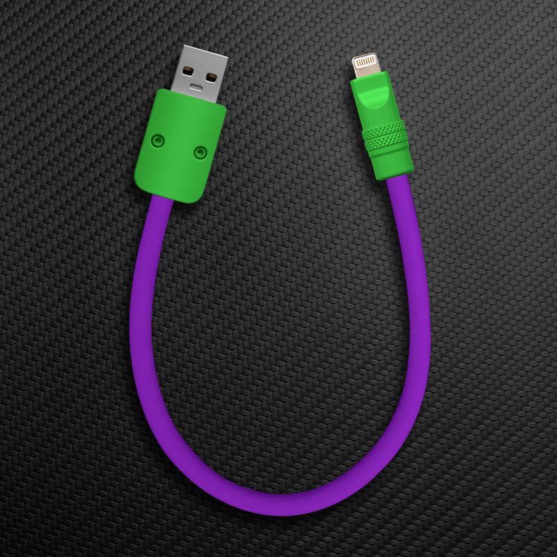 Purple and green USB-A to Lightning sync cable
