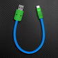 Short blue USB to USB-C cable with green connectors