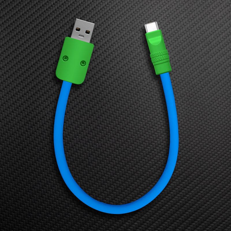 Short blue USB to USB-C cable with green connectors