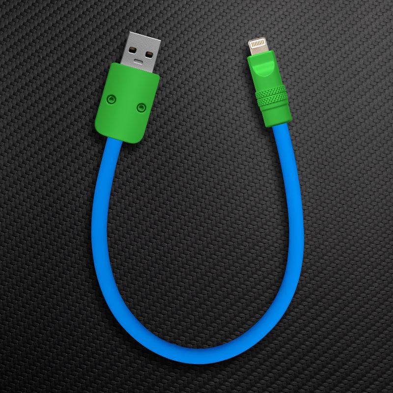 Short blue USB-C to Lightning cable with green connectors